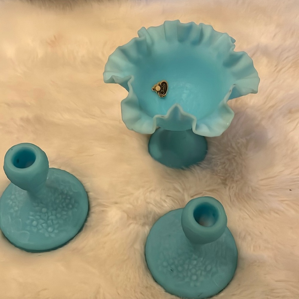 FENTON Blue 💙custard glass vase and two candle holders